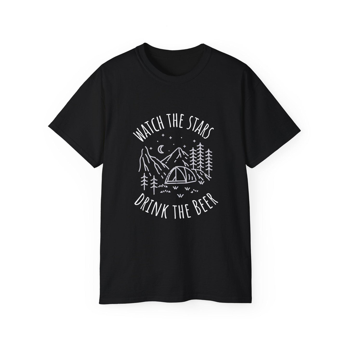 Camping Tee with Night Sky Graphic, Watch the Stars Drink the Beer, Premium Cotton