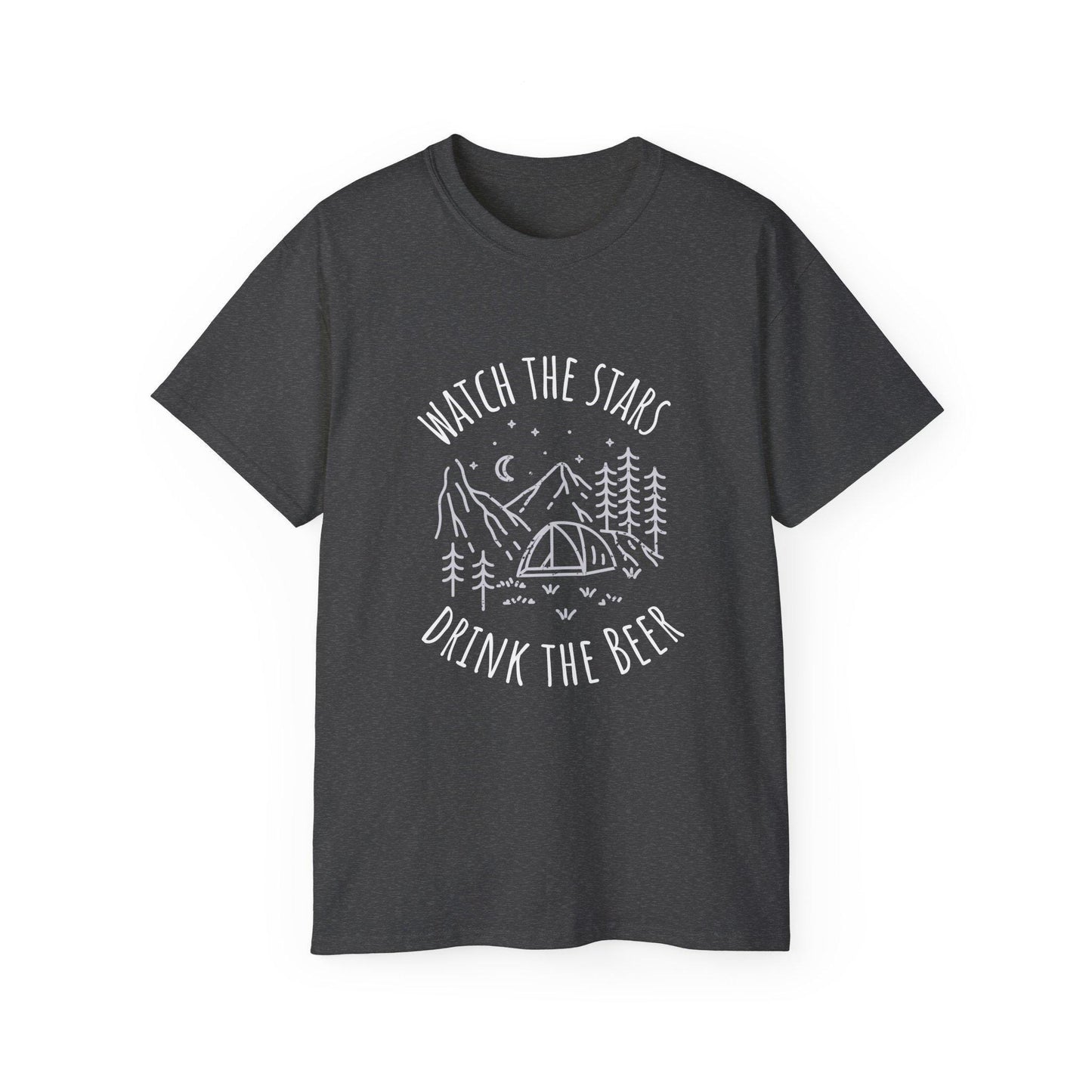 Camping Tee with Night Sky Graphic, Watch the Stars Drink the Beer, Premium Cotton Dark Heather