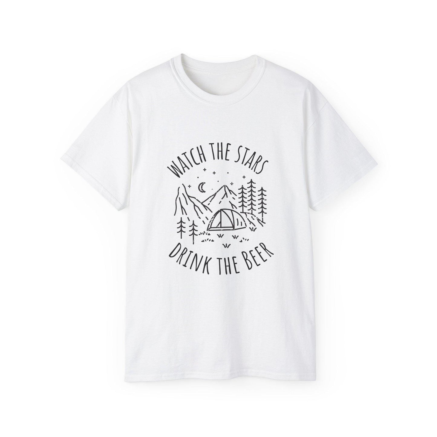 Camping Tee with Night Sky Graphic, Watch the Stars Drink the Beer, Premium Cotton White