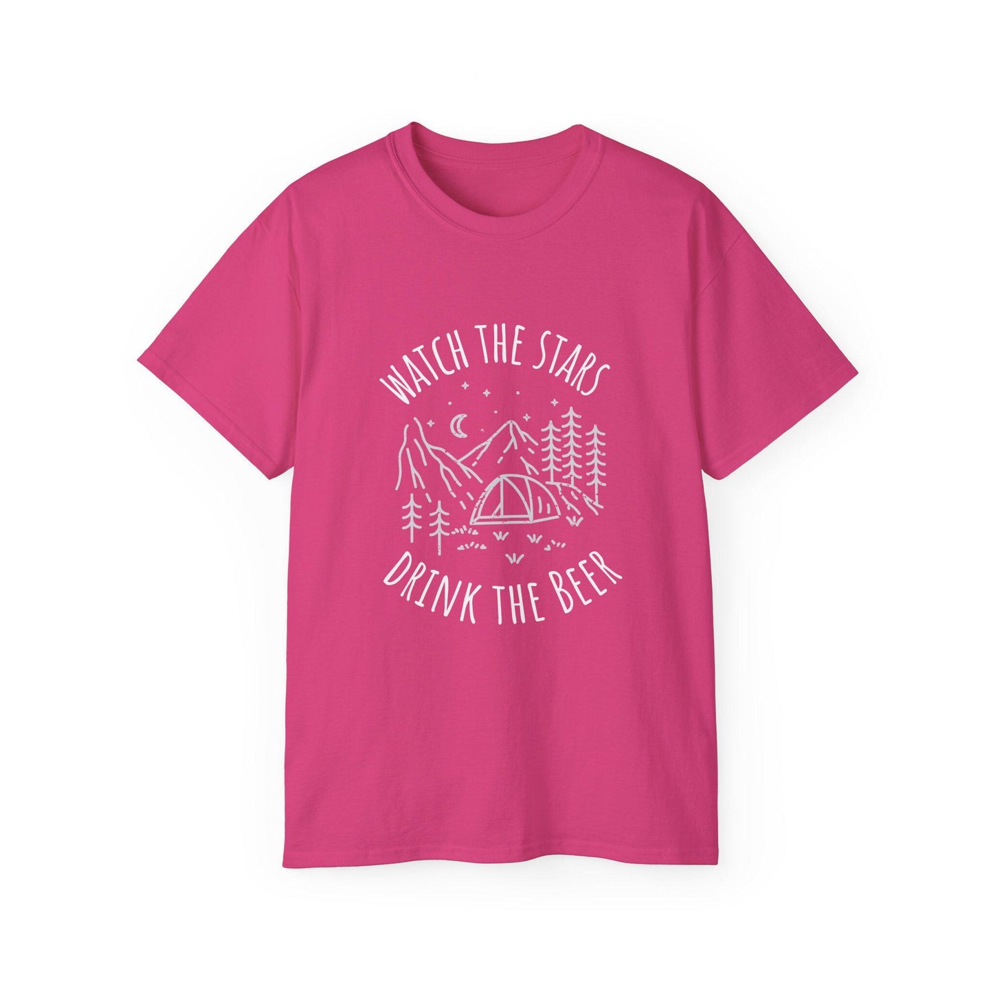 Camping Tee with Night Sky Graphic, Watch the Stars Drink the Beer, Premium Cotton Heliconia