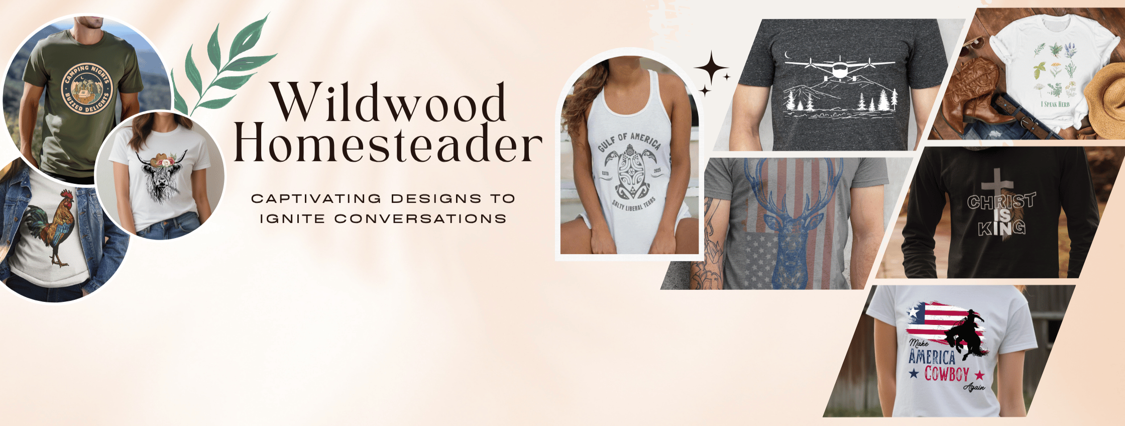 Collage of t-shirts with various designs by Wildwood Homesteader on a light background