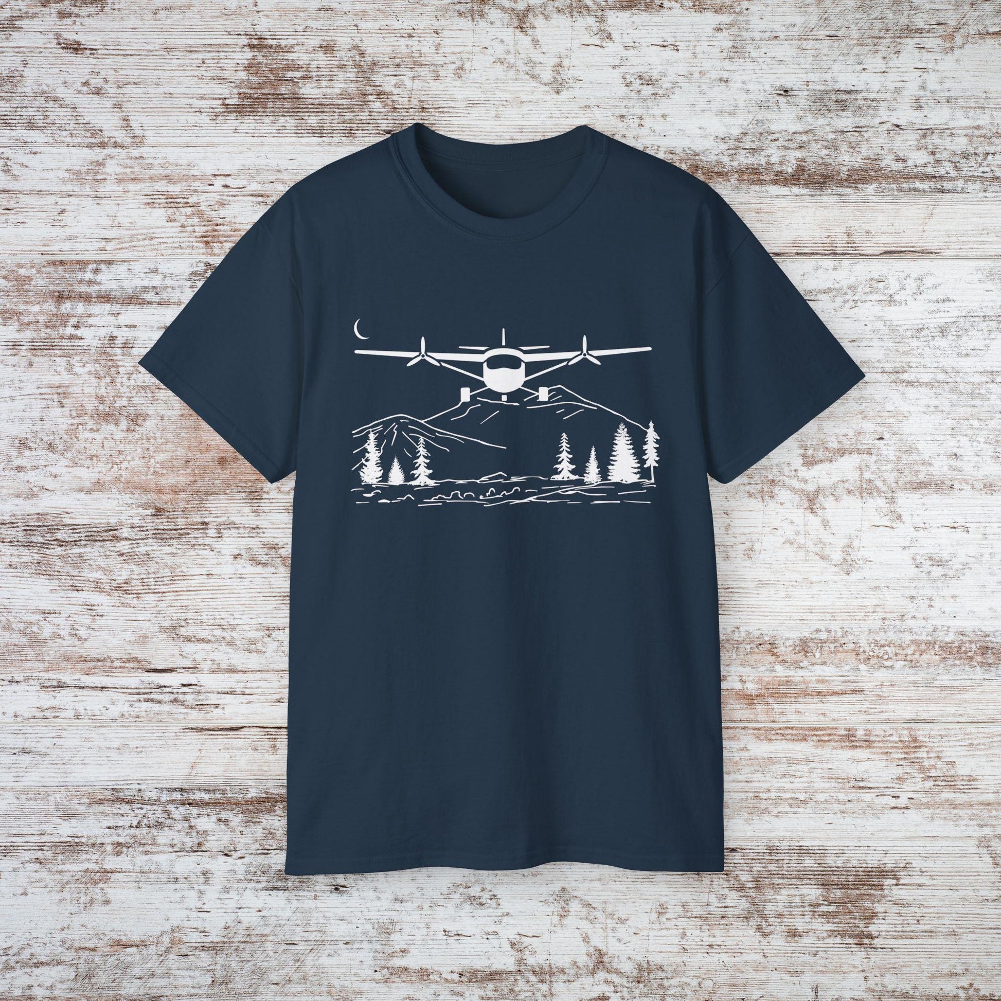 Bush Plane T-Shirt, Premium Aviation Graphic Tee, Nature Adventure Gift Blue Dusk