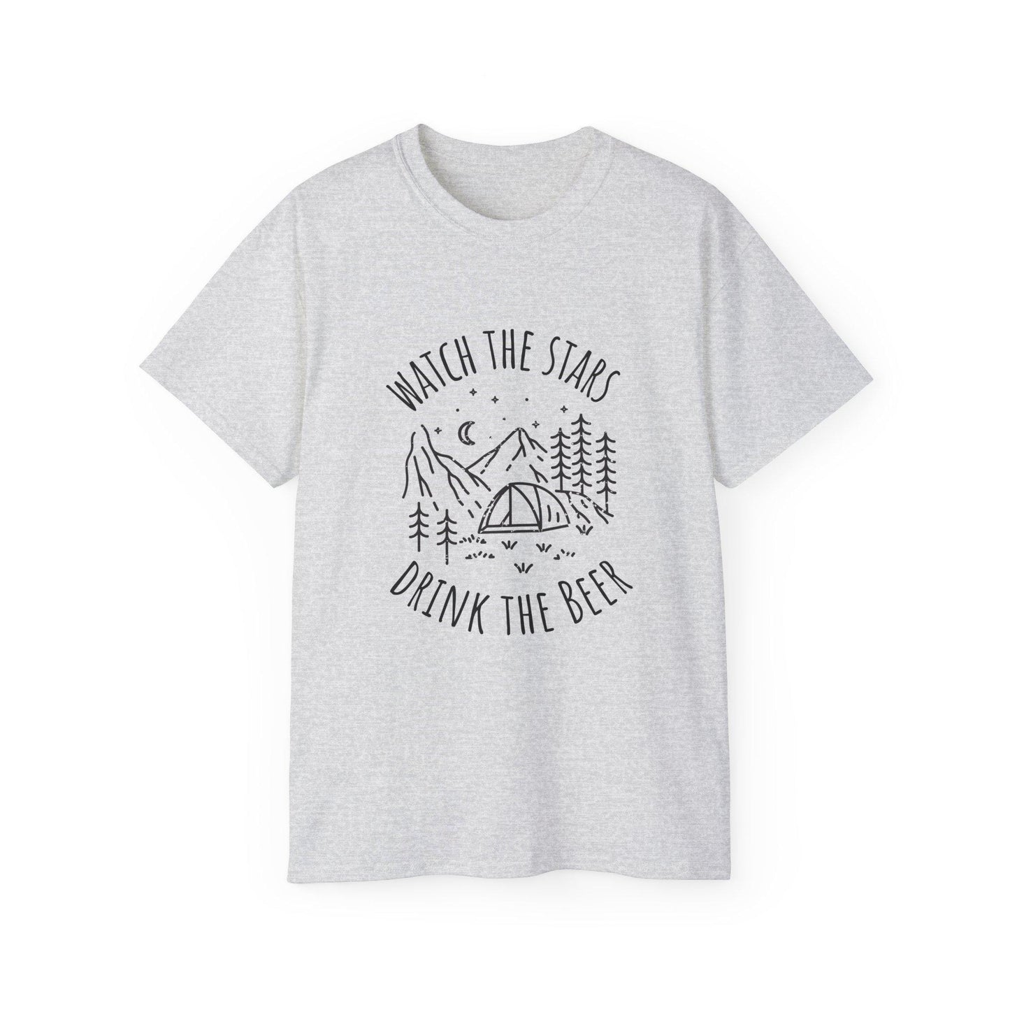 Camping Tee with Night Sky Graphic, Watch the Stars Drink the Beer, Premium Cotton Ash