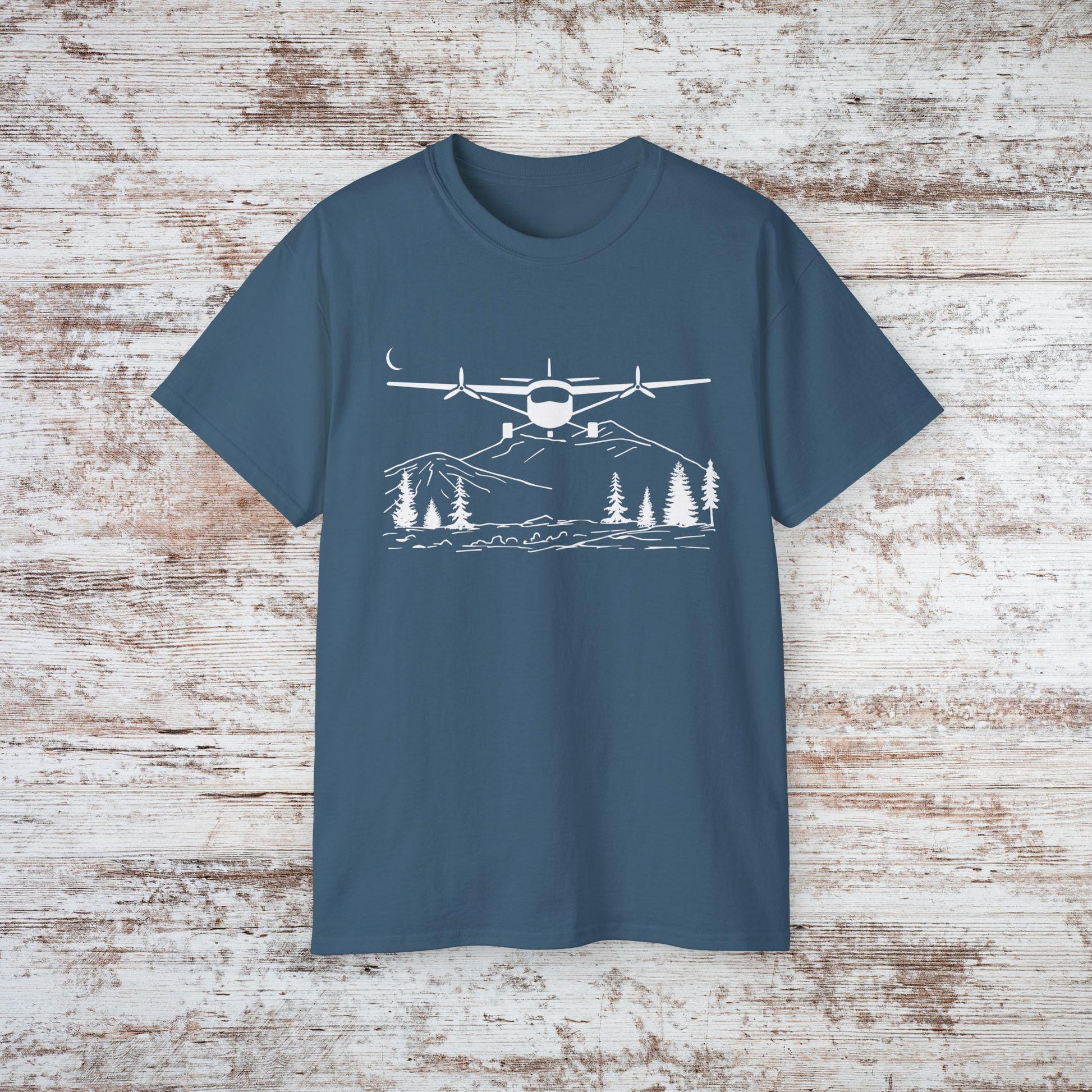 Bush Plane T-Shirt, Premium Aviation Graphic Tee, Nature Adventure Gift Indigo Blue