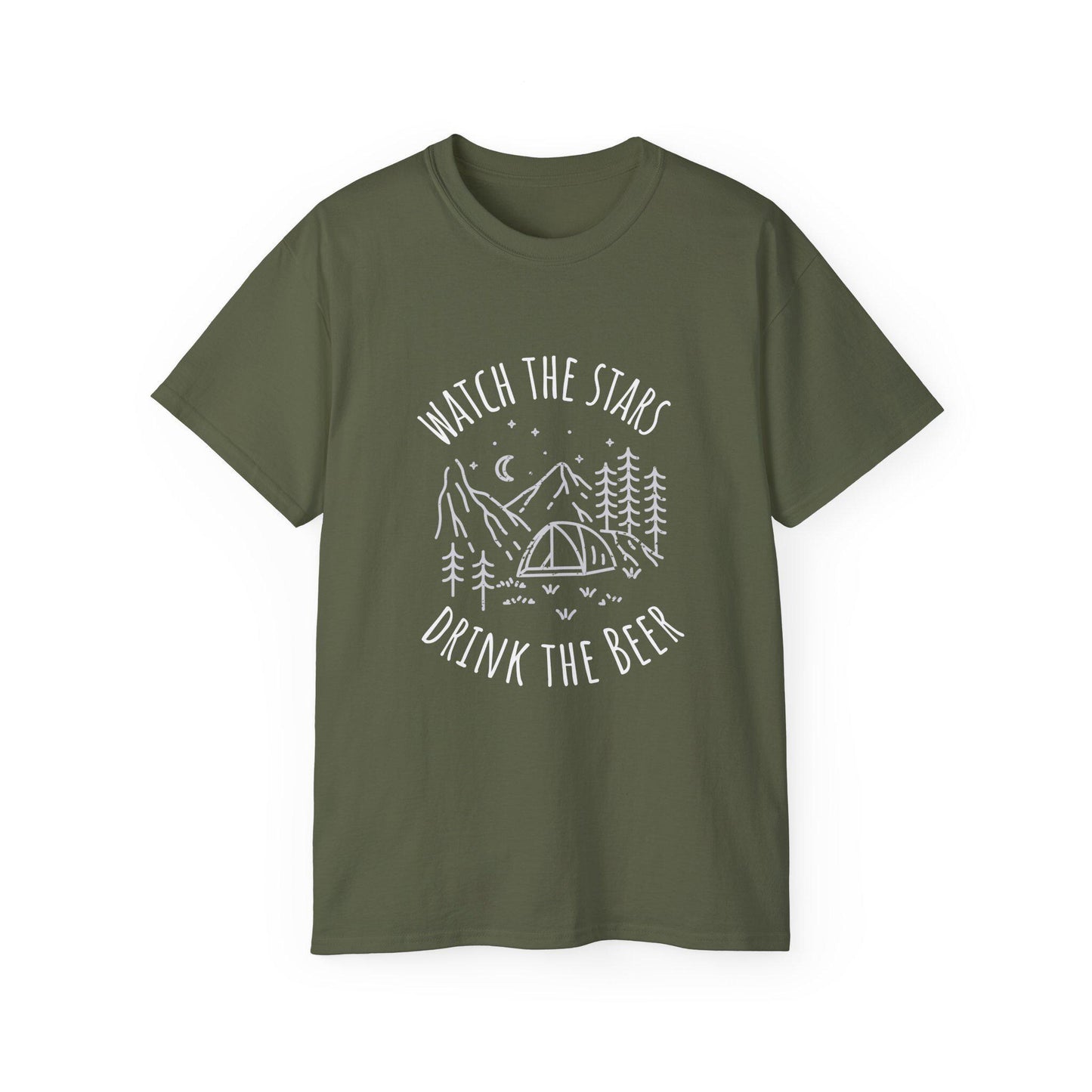 Camping Tee with Night Sky Graphic, Watch the Stars Drink the Beer, Premium Cotton Military Green