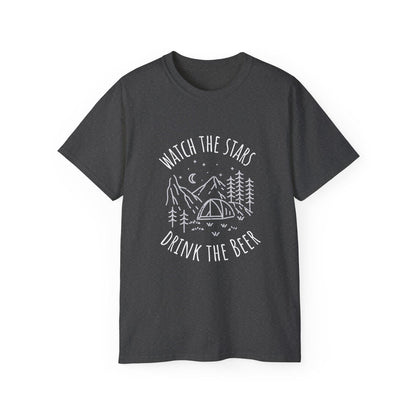 Camping Tee with Night Sky Graphic, Watch the Stars Drink the Beer, Premium Cotton Dark Heather