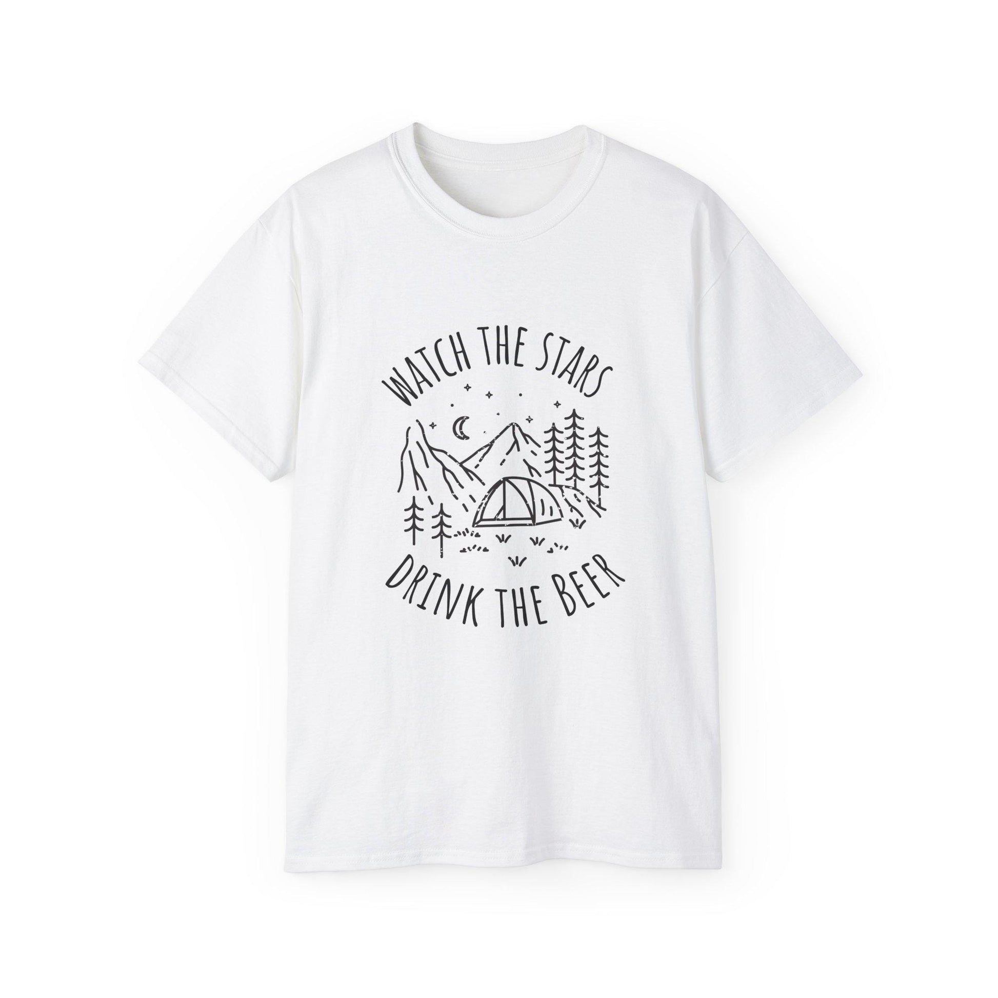 Camping Tee with Night Sky Graphic, Watch the Stars Drink the Beer, Premium Cotton White