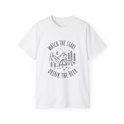 Camping Tee with Night Sky Graphic, Watch the Stars Drink the Beer, Premium Cotton White