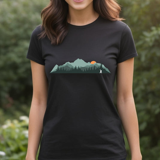 Mountain Sunset Silhouette Tee, Outdoor Adventure Shirt, Nature Lover Gift, Bigfoot T-Shirt, Hiking Top, Camping Apparel Black