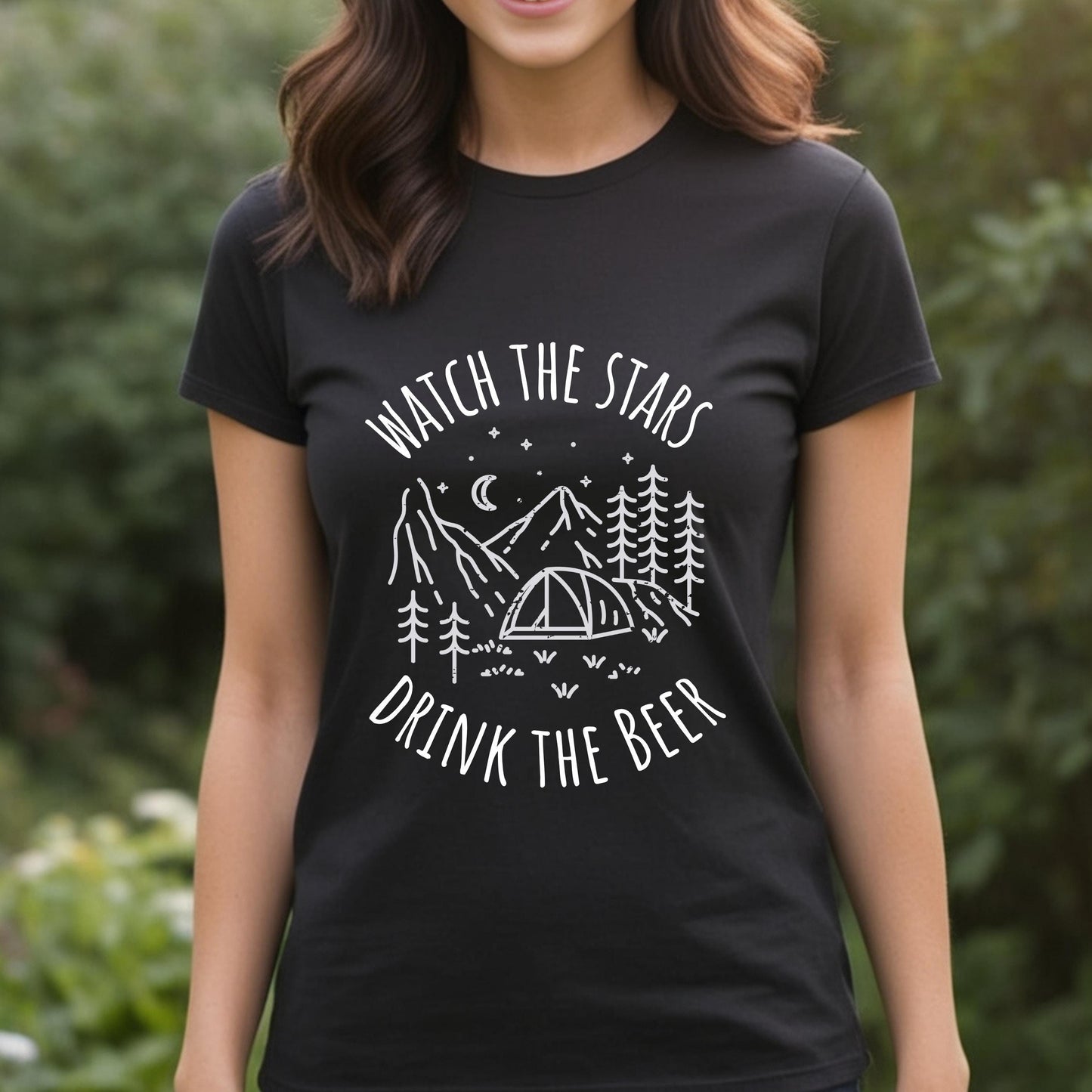Camping Tee with Night Sky Graphic, Watch the Stars Drink the Beer, Premium Cotton Black
