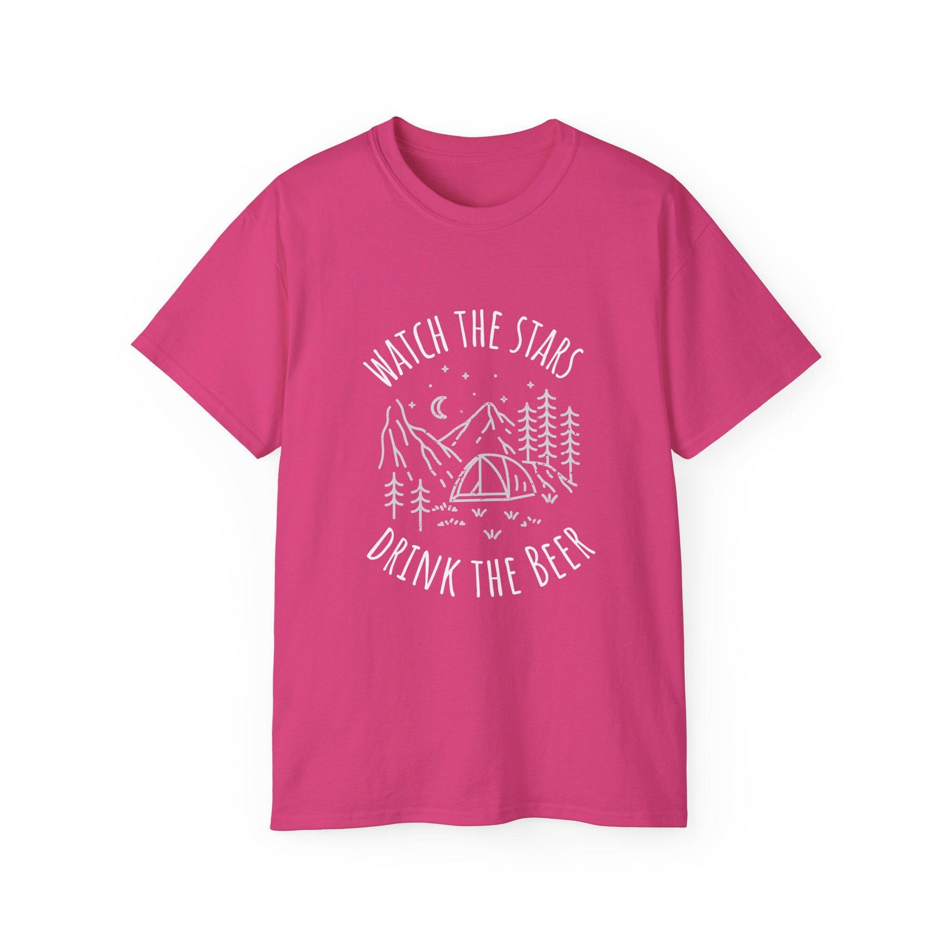 Camping Tee with Night Sky Graphic, Watch the Stars Drink the Beer, Premium Cotton Heliconia