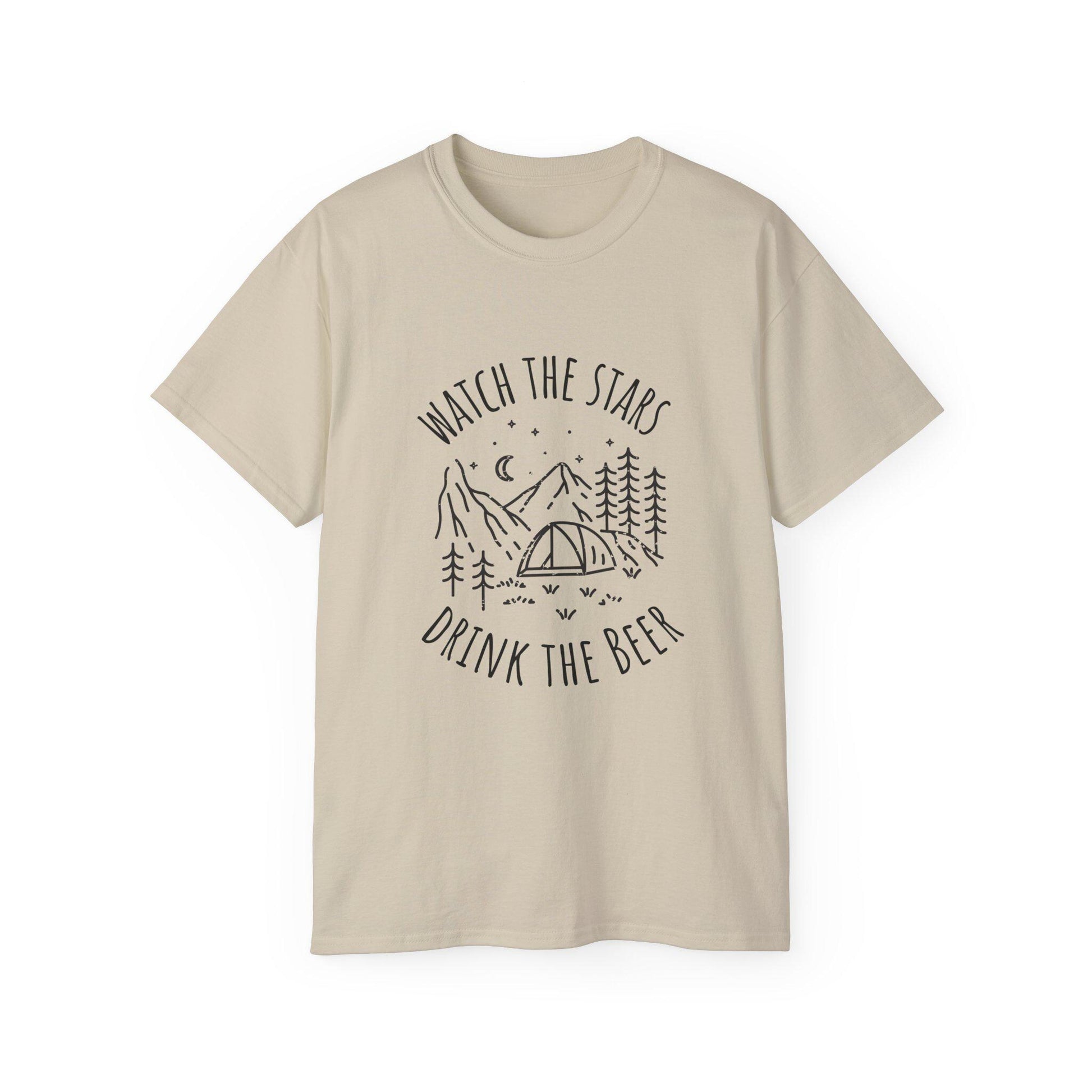 Camping Tee with Night Sky Graphic, Watch the Stars Drink the Beer, Premium Cotton Sand