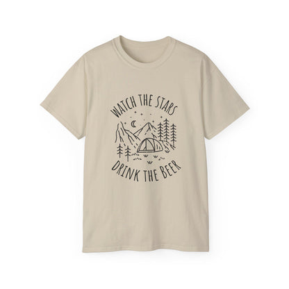 Camping Tee with Night Sky Graphic, Watch the Stars Drink the Beer, Premium Cotton Sand