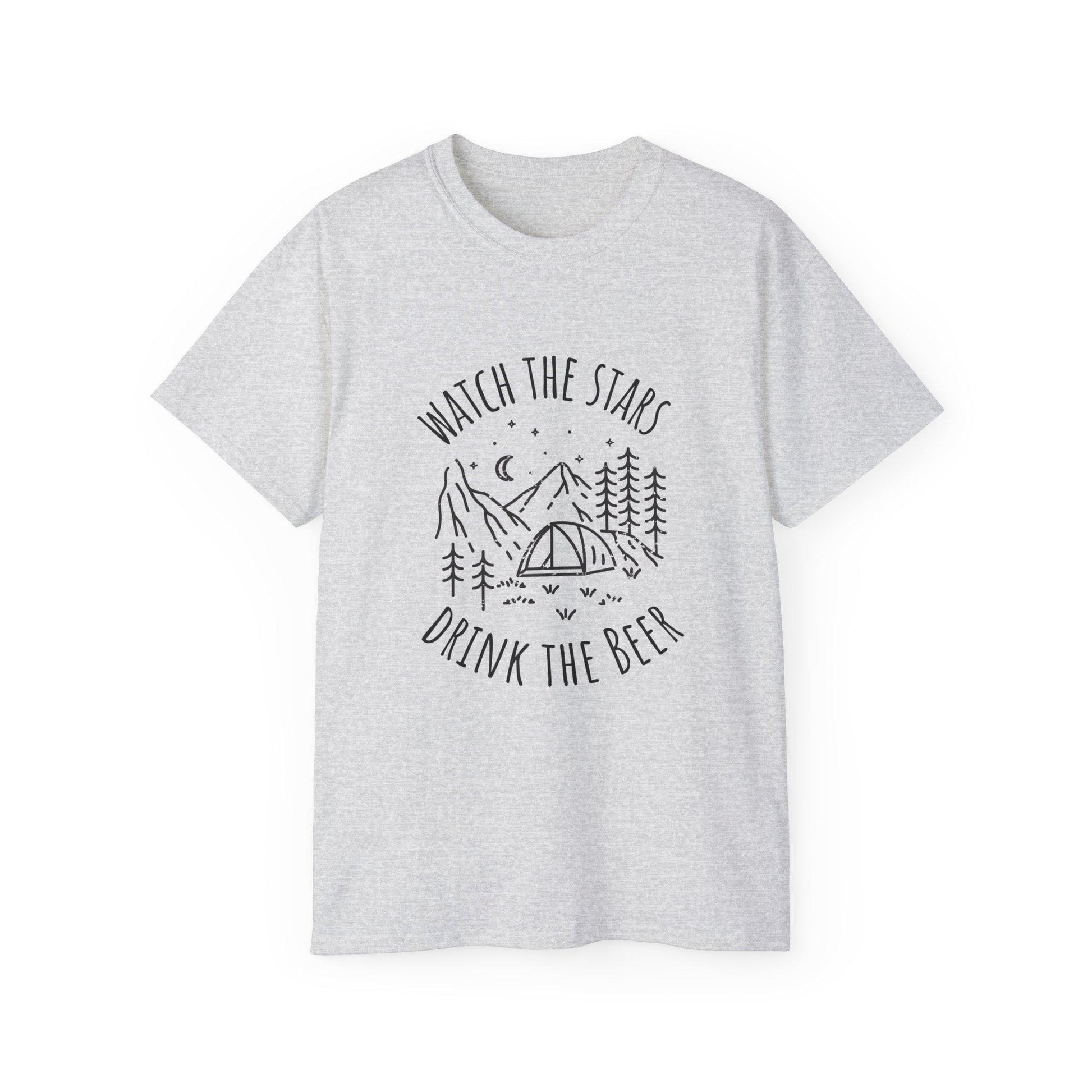 Camping Tee with Night Sky Graphic, Watch the Stars Drink the Beer, Premium Cotton Ash