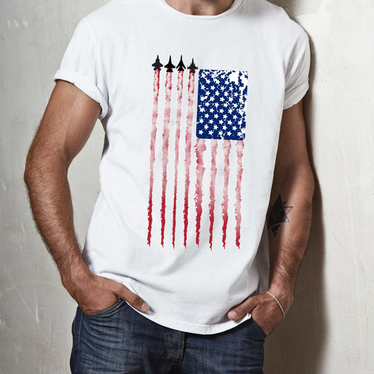 Fighter Jet Flag T-Shirt, Patriotic USA Military Planes in Formation as Flag Stripes, Veteran Gift Tee White