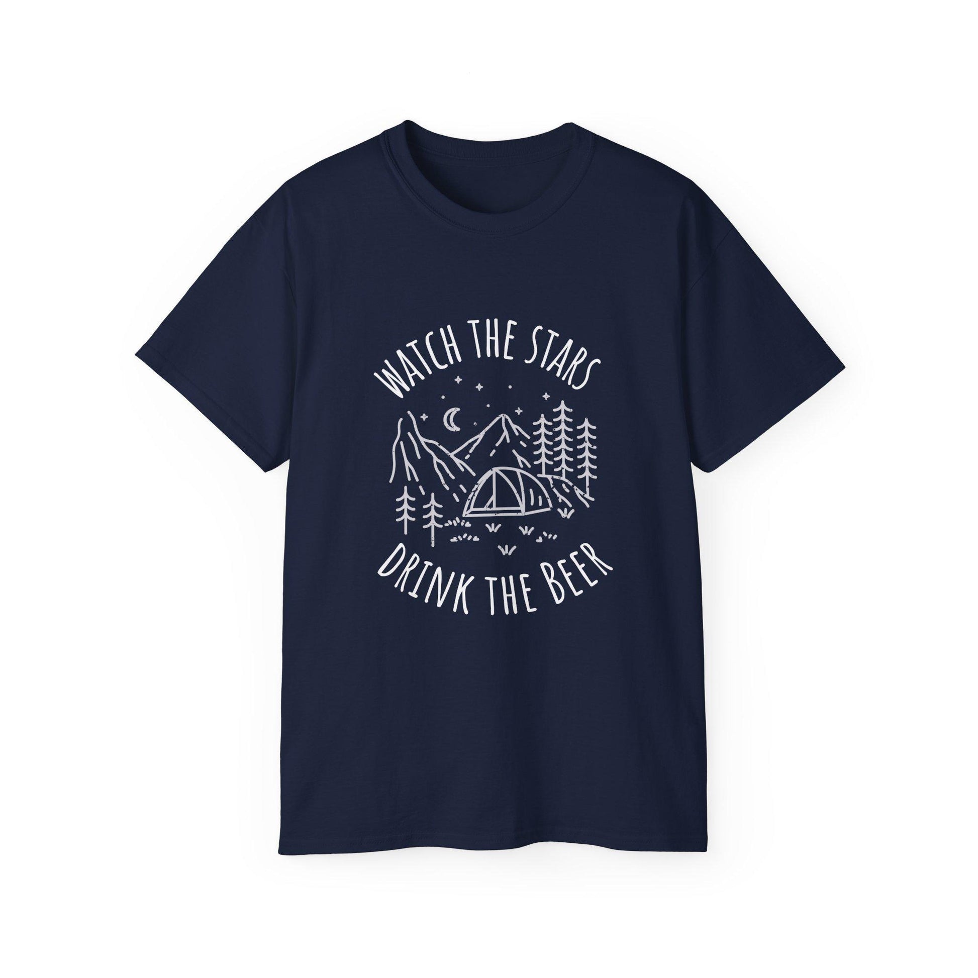 Camping Tee with Night Sky Graphic, Watch the Stars Drink the Beer, Premium Cotton Navy