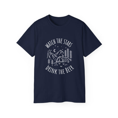 Camping Tee with Night Sky Graphic, Watch the Stars Drink the Beer, Premium Cotton Navy