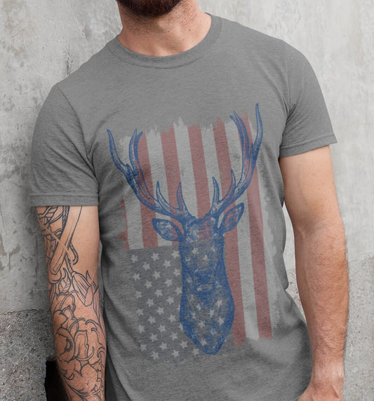 Deer American Flag T-Shirt, Premium Patriotic Tee, Nature Gift for Hunter Sport Grey