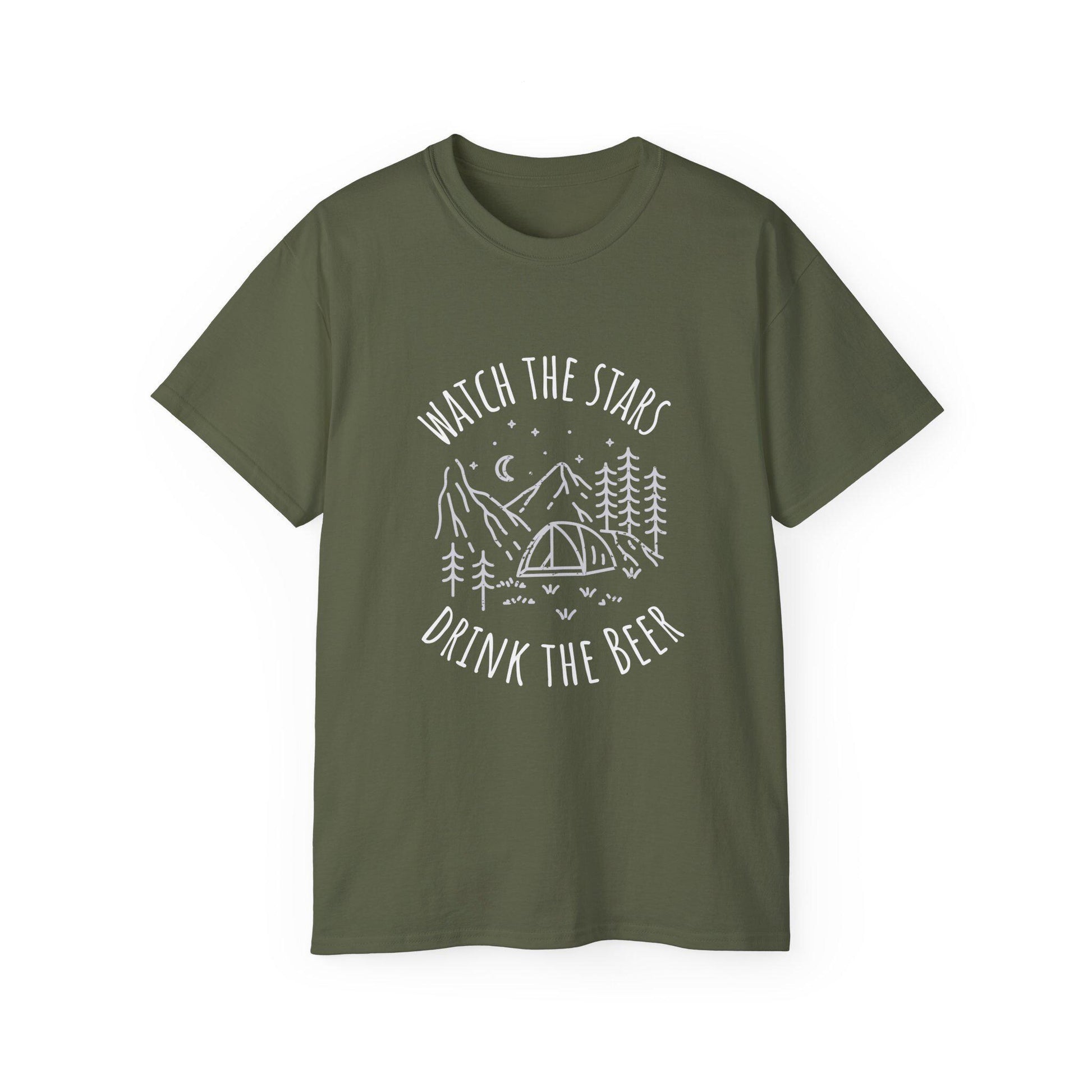 Camping Tee with Night Sky Graphic, Watch the Stars Drink the Beer, Premium Cotton Military Green
